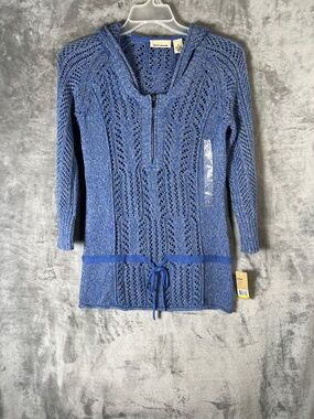 DKNY Blue Open-Knit V-Neck Hoodie Sweater with Drawstring